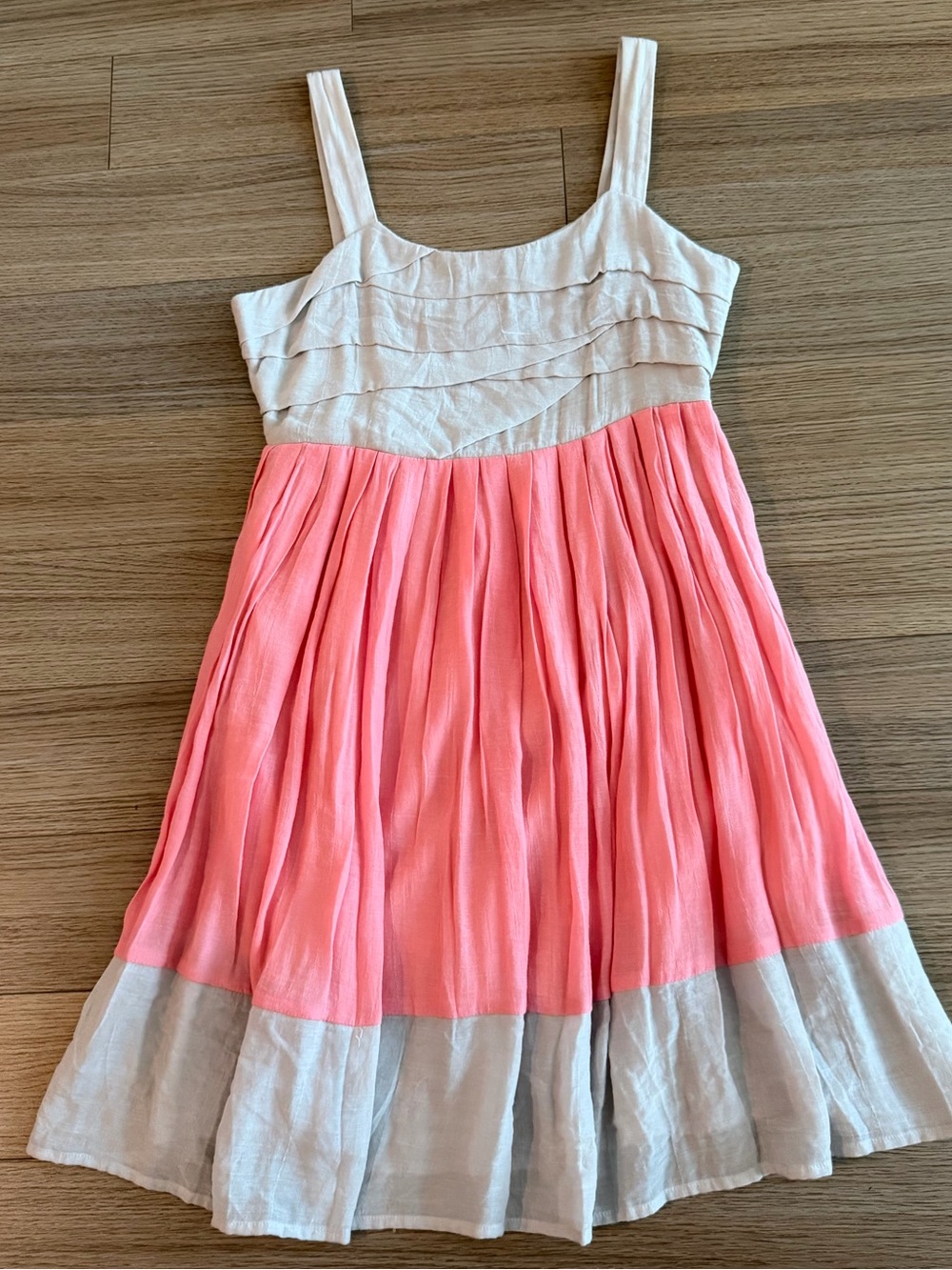 Coral Orange/Pink Gray Babydoll Pleated Empire Waist Sundress Mini Dress Small